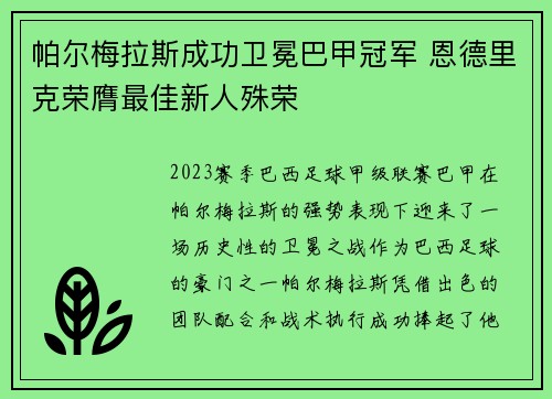 帕尔梅拉斯成功卫冕巴甲冠军 恩德里克荣膺最佳新人殊荣 帕尔梅拉斯成功卫冕巴甲冠军 恩德里克荣膺最佳新人殊荣